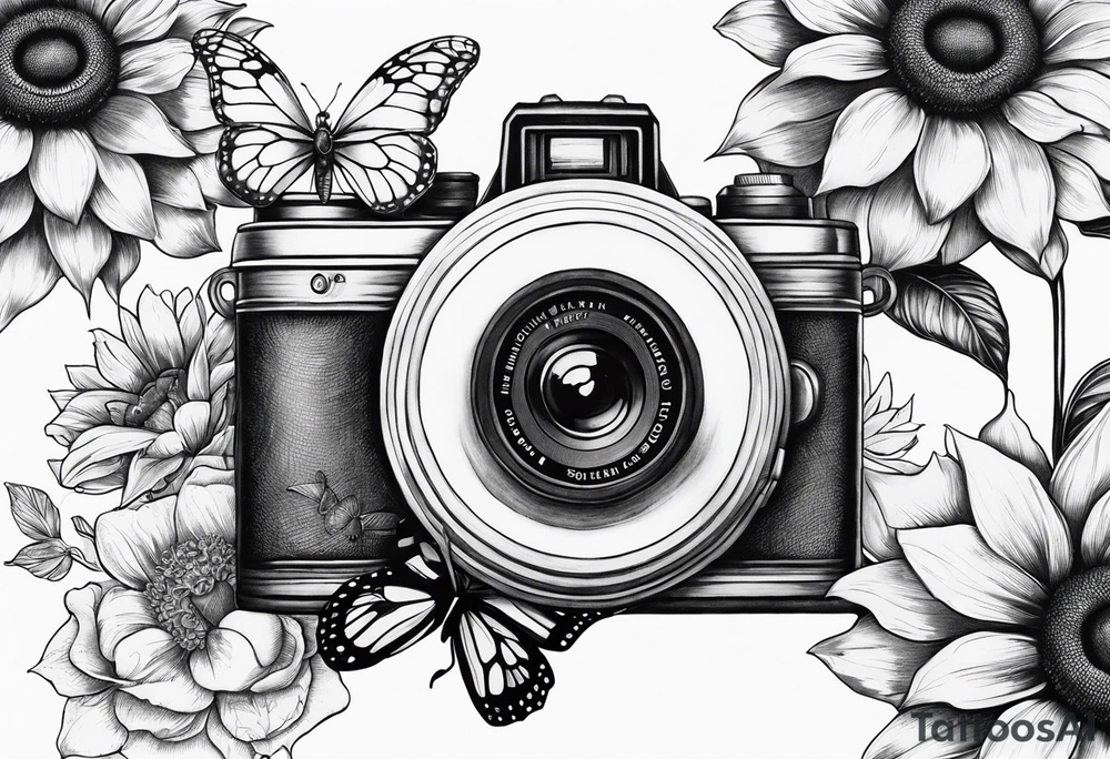 sunflower, camera, flower rose , book, butterfly tattoo idea