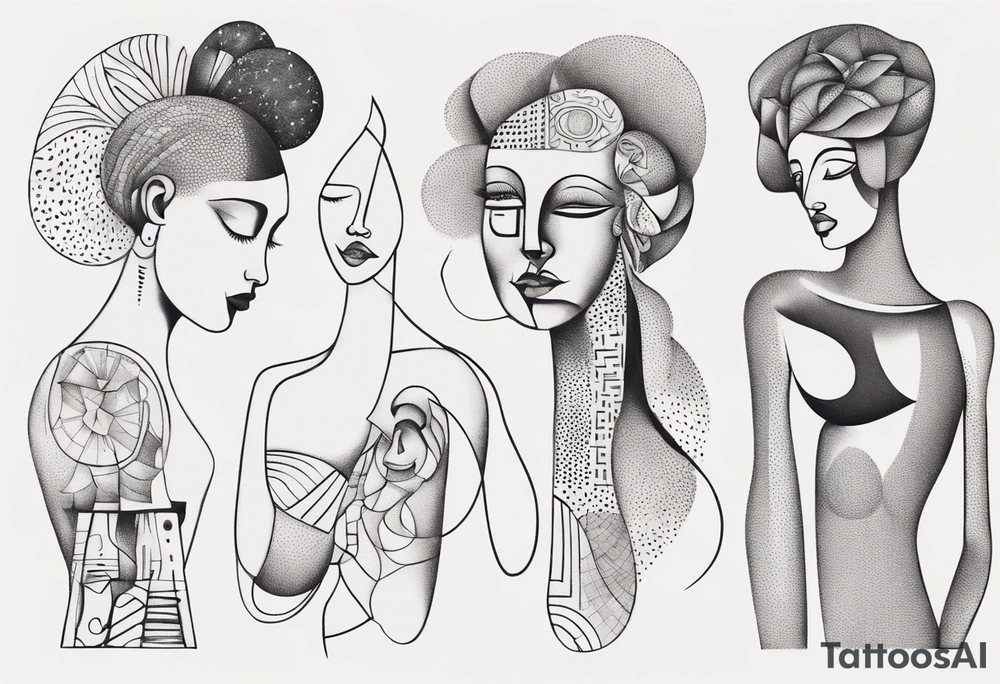 Abstract fine line woman dotwork tattoo idea
