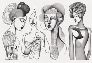 Abstract fine line woman dotwork tattoo idea