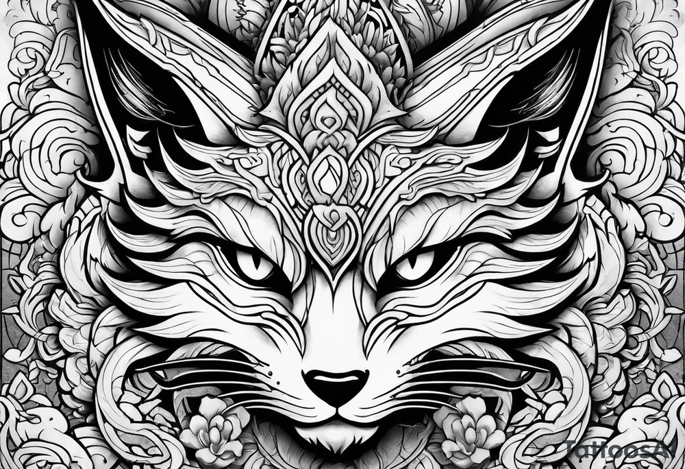 Split kitsune and oni mask head tattoo idea