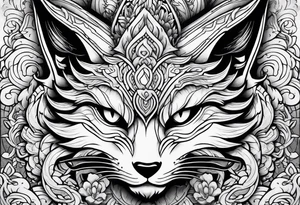 Split kitsune and oni mask head tattoo idea