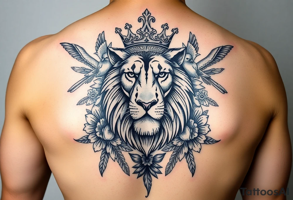powerful majestic lion with a crown, surrounded by floral ornaments and birds tattoo idea