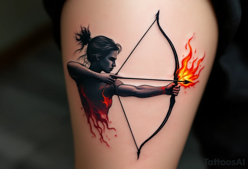 A tattoo of a fiery archer, with flames coming from the tip of the arrow. The flames are shown in vivid red, orange, and yellow, representing the fire element of Sagittarius. The archer’s silhouette is shaded in dark grey, giving it a sleek and modern look, while the flames add vibrant contrast. tattoo idea