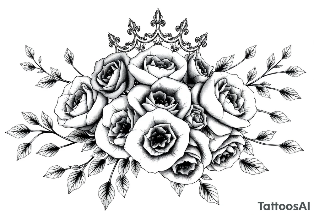 detailed beautiful gothic boho flowers and roses on vine with gorgeous crown ornamental tattoo idea