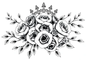 detailed beautiful gothic boho flowers and roses on vine with gorgeous crown ornamental tattoo idea