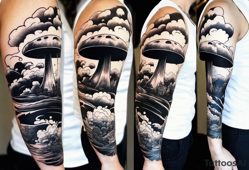 Military themed sleeve include a mushroom cloud from a bomb tattoo idea