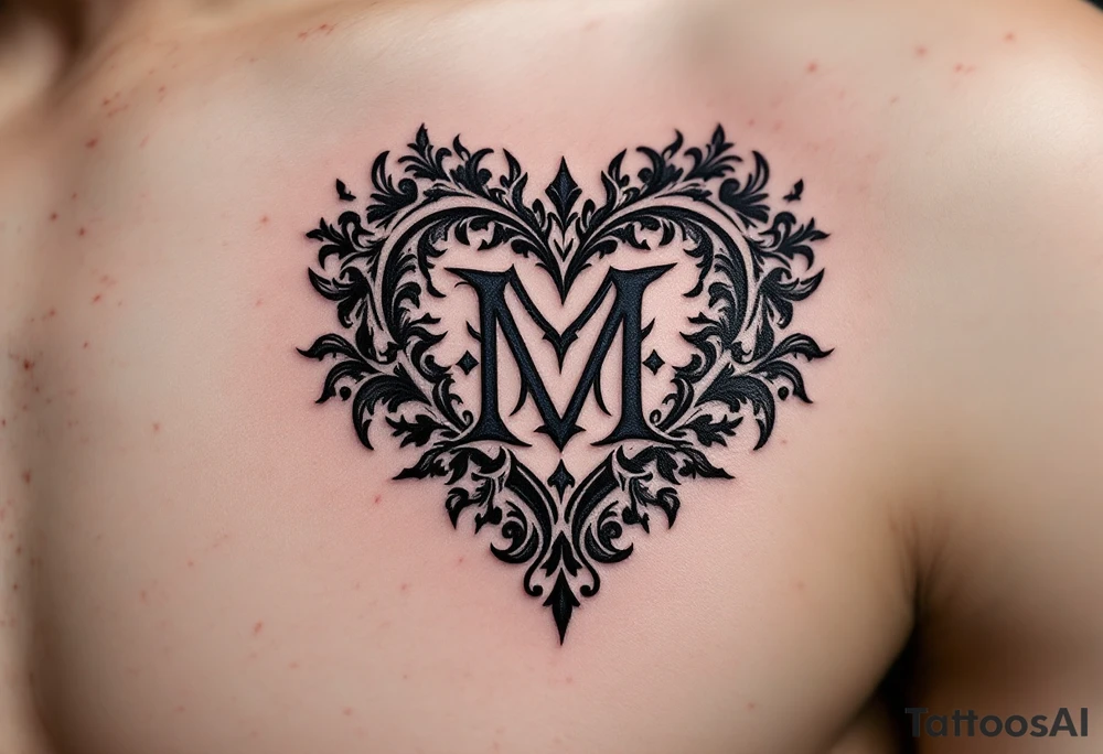 A black and grey ornamental heart with a bold Gothic-style letter "M", surrounded by subtle shading and filigree details. tattoo idea
