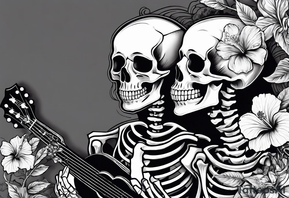 a female skeleton holding a hibiscus flower and a male skeleton playing a guitar. The scene should capture a moment of connection between the two, with the female skeleton attentively listening to the music played by the male skeleton. tattoo idea