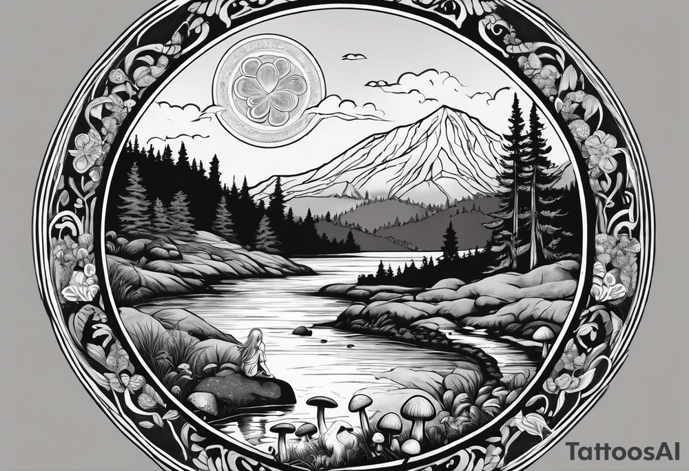 Whole picture encircled fully

Straight long blonde hair hippie girl in distance holding mushrooms in hand facing away toward mountains and creek surrounded by mushrooms long sleeve shirt and hiking pants; whole rendering within a full circle, no cut off circle tattoo idea