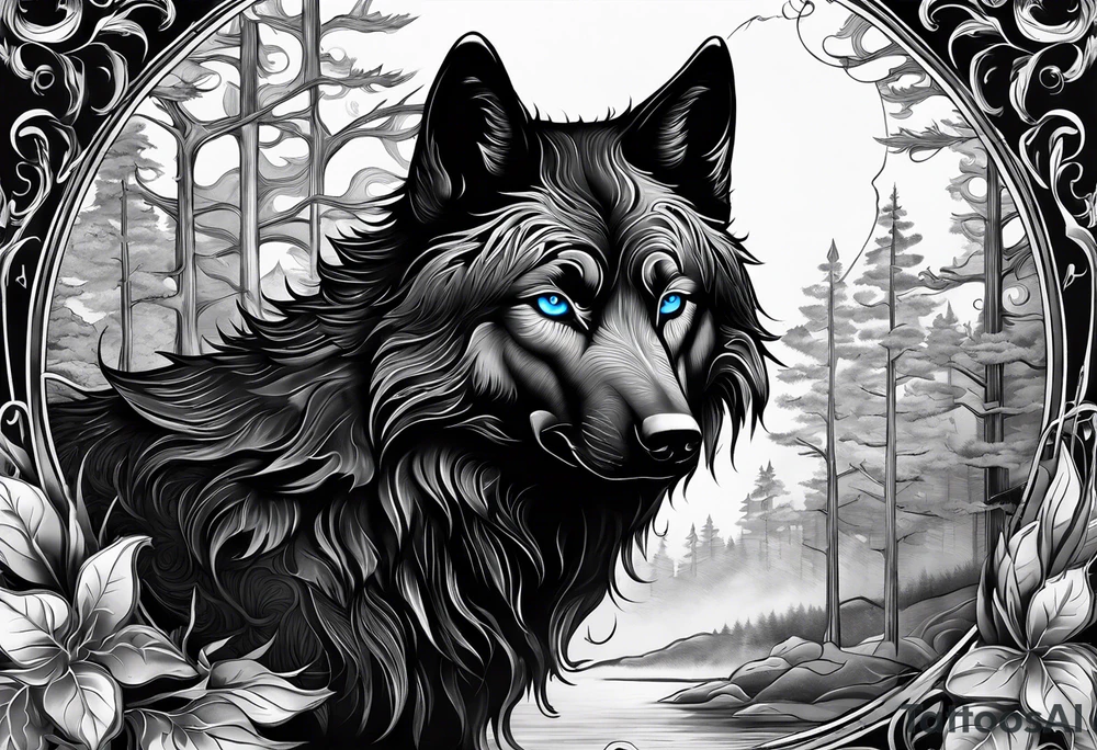 Blue eyes black wolf with moon and forest tattoo idea