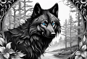 Blue eyes black wolf with moon and forest tattoo idea