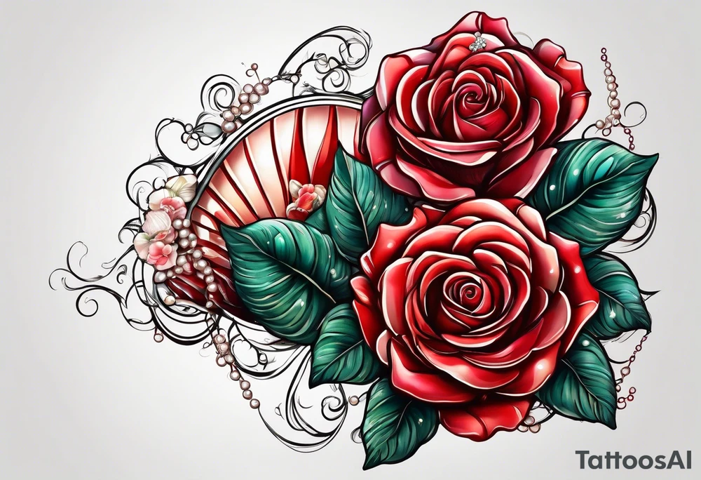 Red rose with hanging pearls and seashell tattoo idea