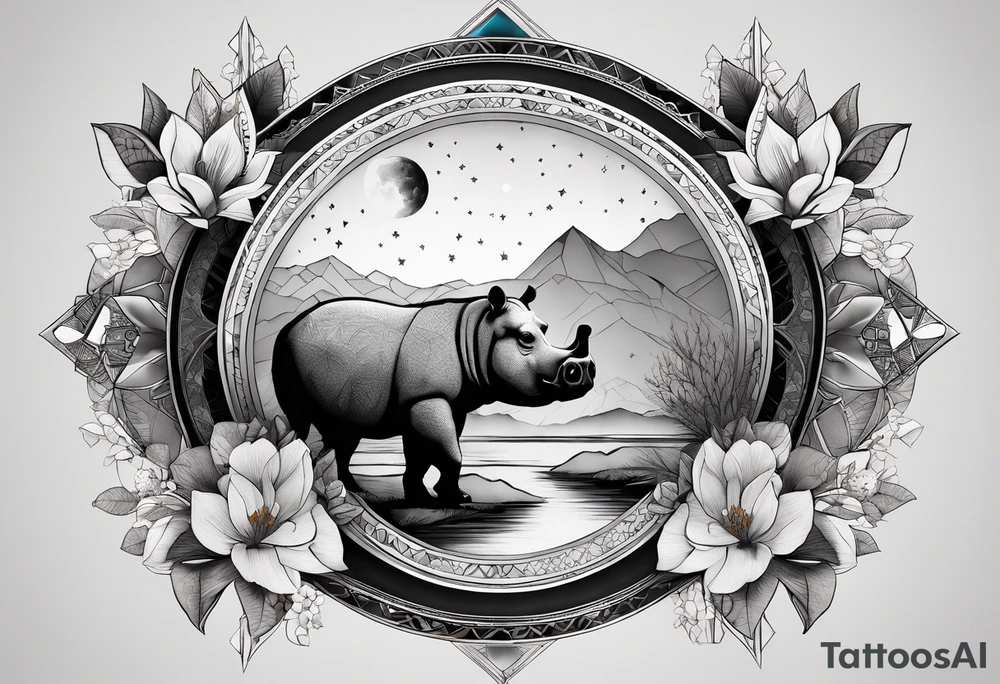 Very asymmetrical, +geometric pattern, with realistic full moon, with hippo,+tribal, +geometric, +inkart , +blackwork, +grey scale, + sketch
with wintersweet flower bud, +inkart touch, +for men, detailed , combined favourite , tattoo idea