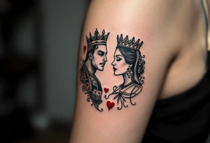 Two playing card symbols—King of Spades and Queen of Hearts—done in black, red, and subtle shading. tattoo idea