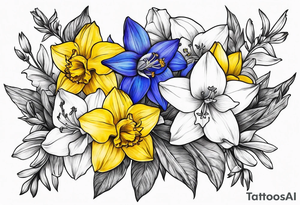 Larkspur and narcissus bouquet tattoo idea