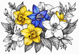 Larkspur and narcissus bouquet tattoo idea