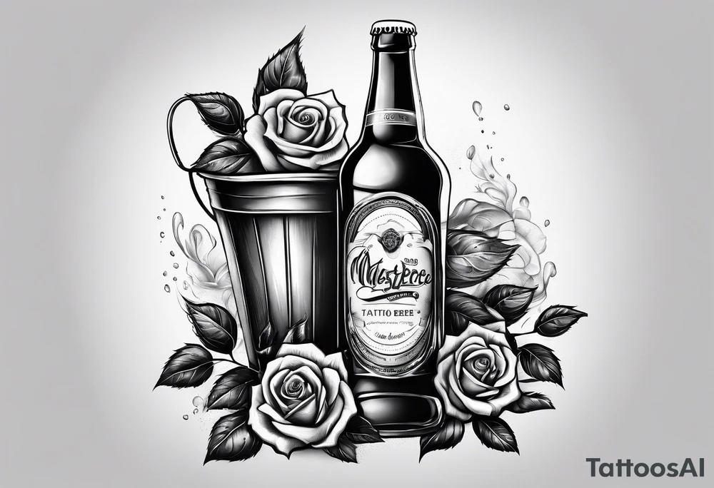 A bottle of beer and a stalk of rose in the bucket tattoo idea