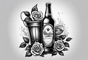 A bottle of beer and a stalk of rose in the bucket tattoo idea