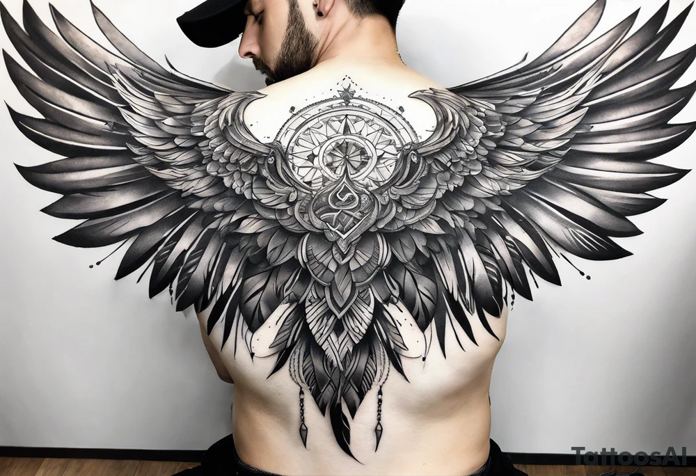 wings tattoo extending from a mens shoulders, covering the upper arms and upper back. The feathers are intricately detailed, with soft shading in black and gray to create depth and texture. tattoo idea