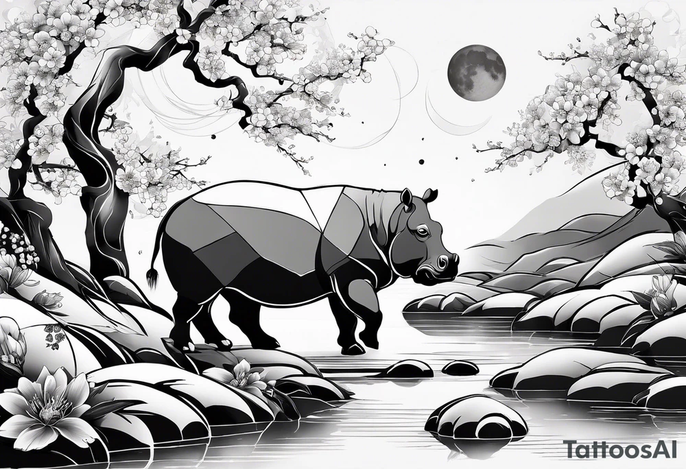 Asymmetrical, geometric, chinese ink art touch, hippo , full moon, wintersweet flower, light , modify from my favourite, ratio 9:16 tattoo idea