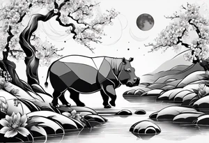 Asymmetrical, geometric, chinese ink art touch, hippo , full moon, wintersweet flower, light , modify from my favourite, ratio 9:16 tattoo idea