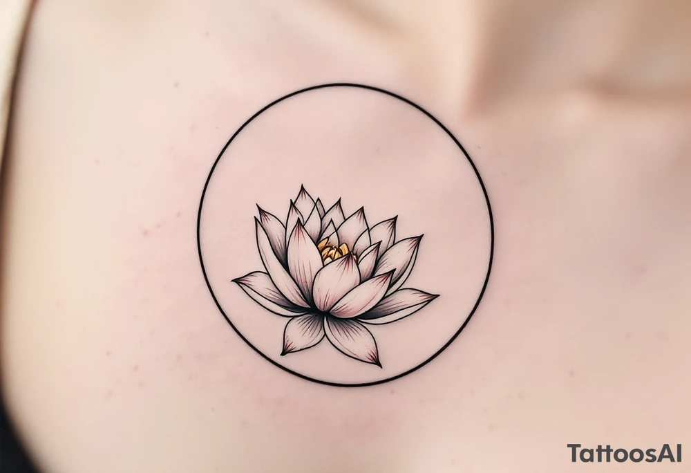 A thin black circle enclosing a delicate lotus flower in soft pink and white. tattoo idea
