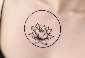 A thin black circle enclosing a delicate lotus flower in soft pink and white. tattoo idea