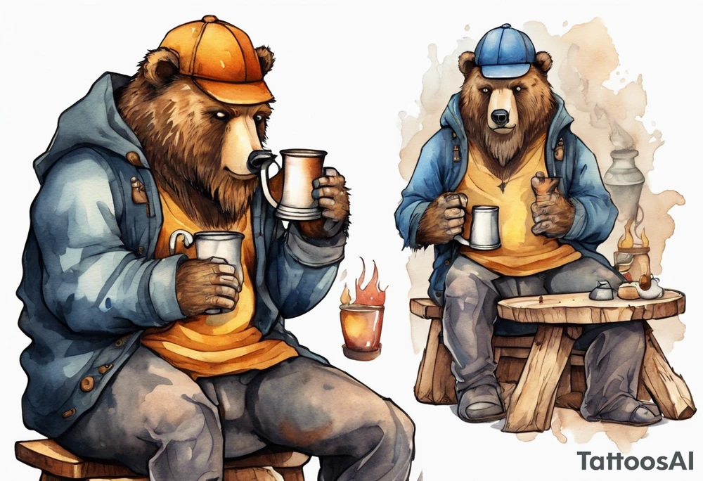 a medieval bear-human hybrid with a long beard wearing a cap, sitting on a stool by the hearth and drinking from a wooden mug tattoo idea