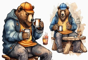 a medieval bear-human hybrid with a long beard wearing a cap, sitting on a stool by the hearth and drinking from a wooden mug tattoo idea
