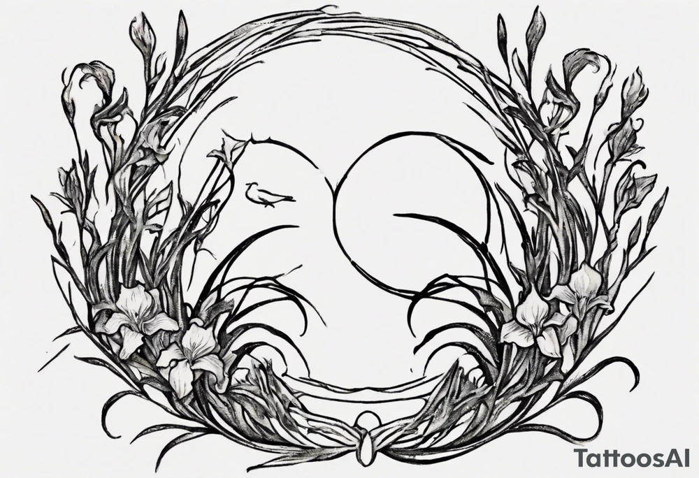 Create a small Vincent van Gogh Irises tattoo. The tattoo should take the form of a crescent, with vines gracefully intertwining at a central point in the middle of the wreath with a bird. The intended placement is on the upper chest. The overall design should be small in size while maintaining a delicate and artistic aesthetic. Pay attention to the graceful flow of the vines and the placement of the irises to achieve a refined and elegant look. tattoo idea