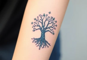 mystical tree of life with cosmic roots and celestial branches tattoo idea