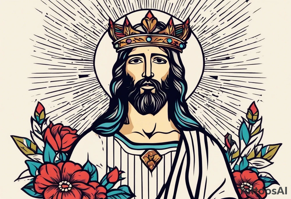 jesus with crown

old school vintage simple traditional design with vintage flowers surrounding
bold color simple tattoo idea