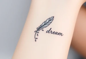 A delicate silver and white feather with tiny falling petals, with the word "Dream", representing a love that feels ethereal and magical. tattoo idea