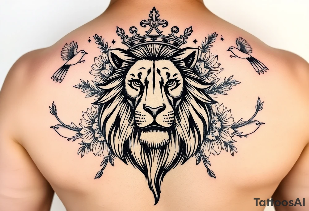 powerful majestic lion with a crown, surrounded by floral ornaments and birds tattoo idea