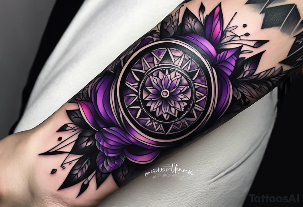 lines around wrist, abstract, black and purple, covered from wrist to forearm, fully covered, no borders, blackwork, no faces tattoo idea