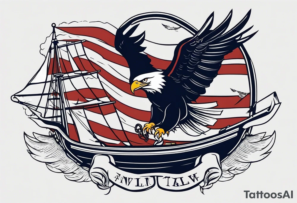 eagle flying in front of ship holding American flag in beak and holding anchor in talons tattoo idea