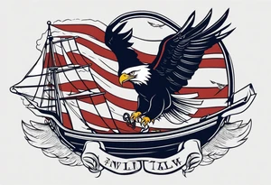 eagle flying in front of ship holding American flag in beak and holding anchor in talons tattoo idea