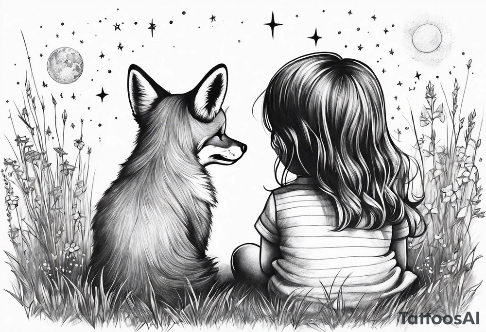 sitting from behind looking at the stars, a little girl and a fox sitting in the grass tattoo idea