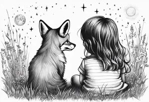 sitting from behind looking at the stars, a little girl and a fox sitting in the grass tattoo idea