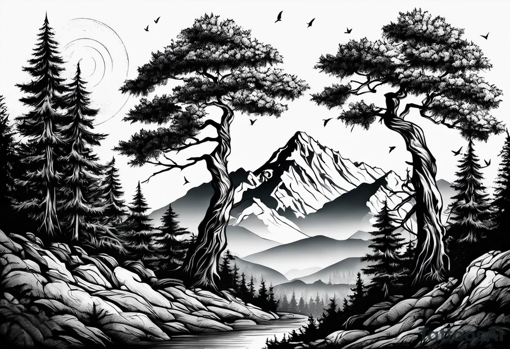 Three mountains three trees with roots tattoo idea