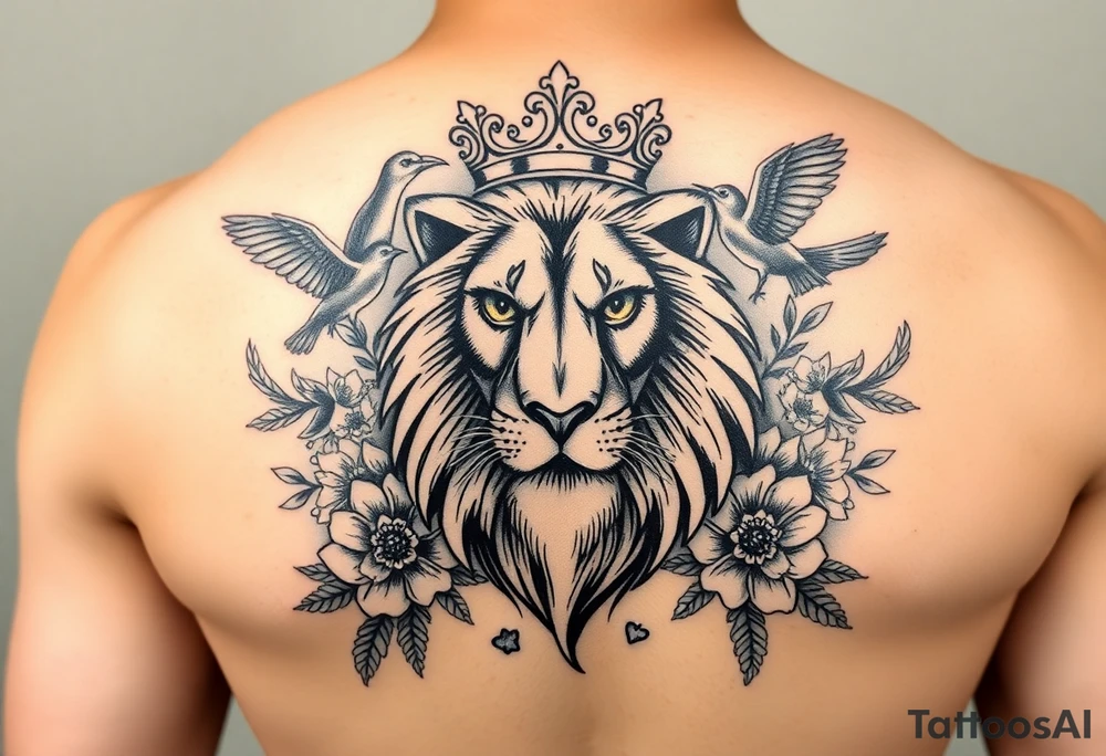 powerful majestic lion with a crown, surrounded by floral ornaments and birds tattoo idea