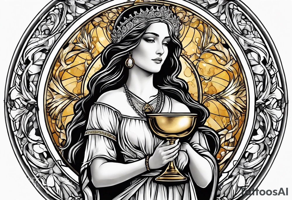 woman saint holding chalice surrounded by golden halo tattoo idea