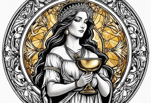 woman saint holding chalice surrounded by golden halo tattoo idea