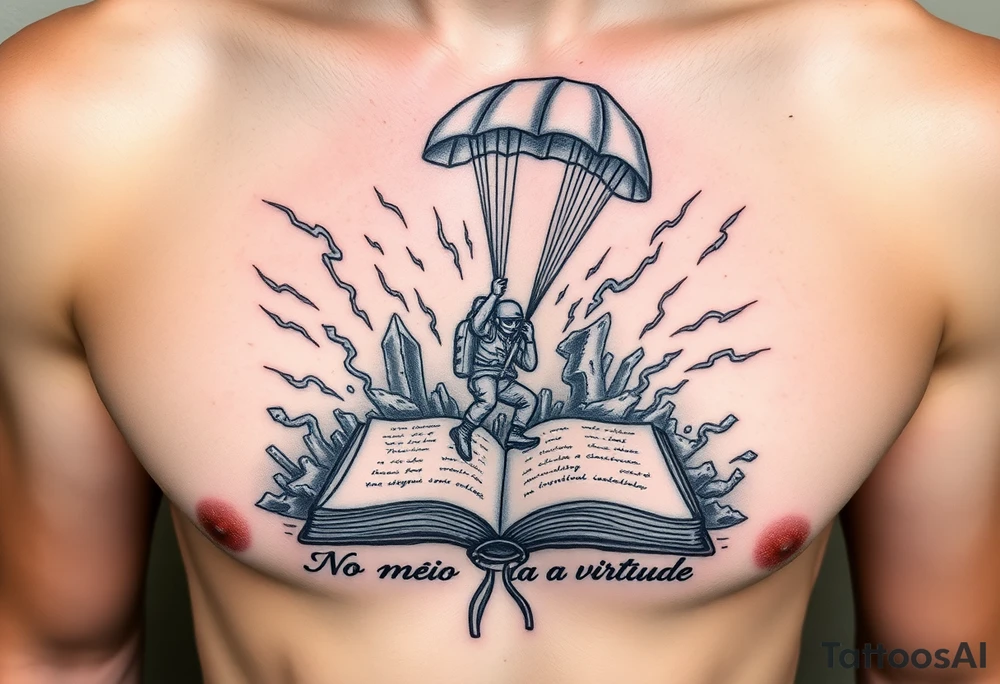 A parachuting soldier landing into an open book. Chaos surrounding, but the book is protecting the soldier from it. On the chest. Make the tattoo smaller. Make it thought provoking. "No meio esta a virtude" underneath the book. Make the chaos in the environment be a thunderstorm tattoo idea