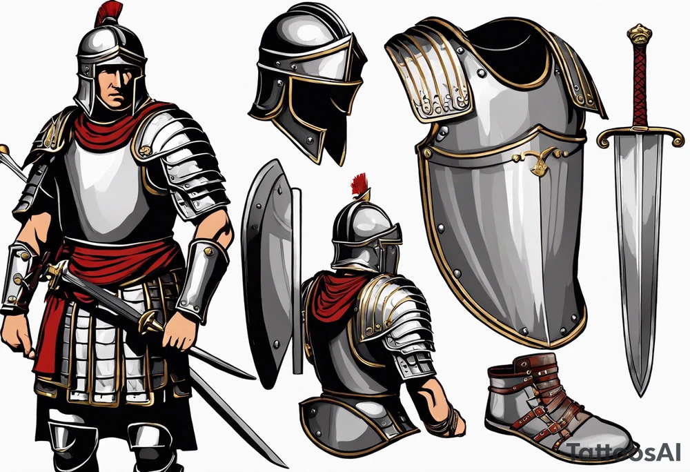 a sketch of a high ranking roman soldier from AD 60, wearing armour which must include an armoured belt, breastplate, armoured shoes, shield, helmet and sword.
the soldier must look strong. the soldier is faceless. The image must include the full person, not just the top half. The soldier is mid-battle, fending off flaming arrows with his shield tattoo idea