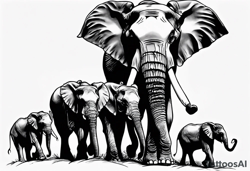 family of 6 elephants walking into sunset tattoo idea
