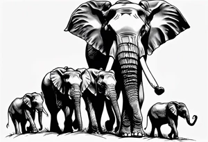 family of 6 elephants walking into sunset tattoo idea