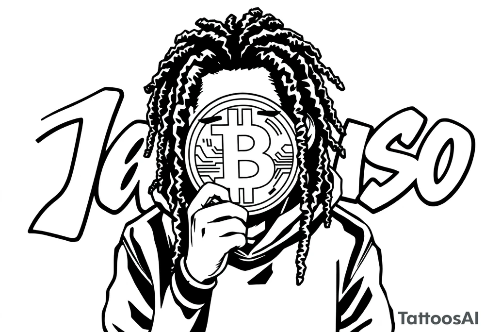 Create a tattoo stencil Use a street-art / pop-art vibe with a cartoon figure with dreadlocs holding a bitcoin to cover his eyes have bold lines, “x” for eyes. make them have on a hoodie and jogger sweatpants have in the background in graffiti letters “Jaruso” tattoo idea