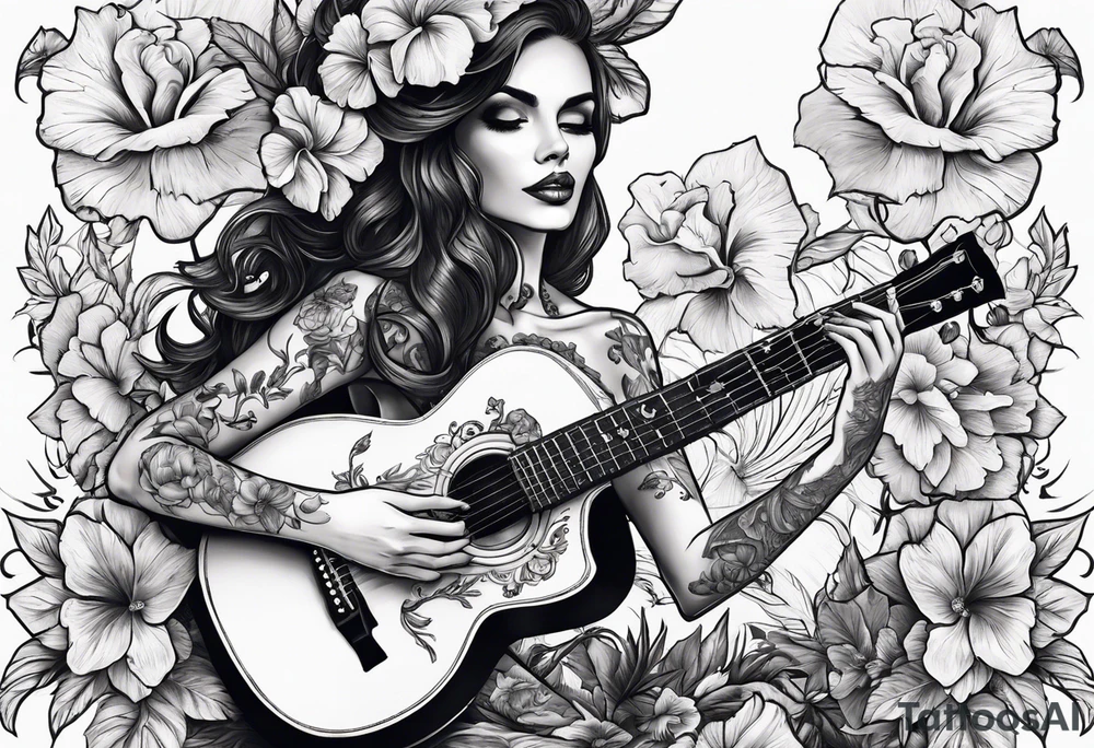 a female skeleton holding a hibiscus flower and a male skeleton playing a guitar. tattoo idea