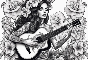 a female skeleton holding a hibiscus flower and a male skeleton playing a guitar. tattoo idea